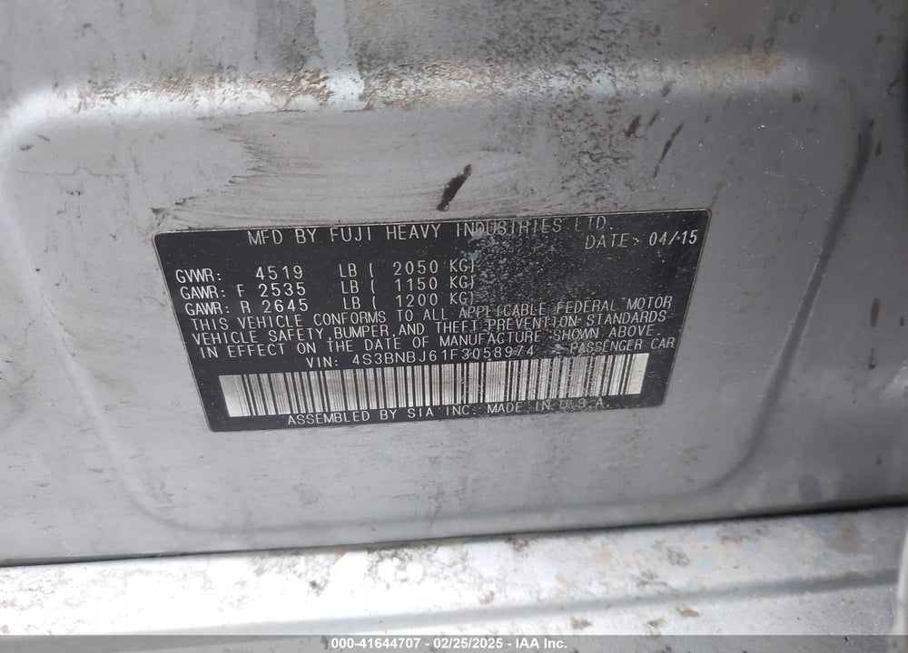 2015 SUBARU LEGACY VIN: 4S3BNBJ61F3058974