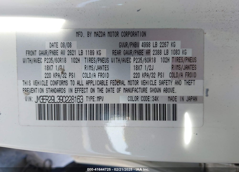 2009 MAZDA CX-7 GRAND TOURING VIN: JM3ER29L390228163