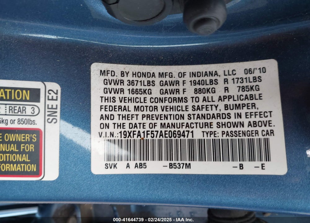 2010 HONDA CIVIC LX VIN: 19XFA1F57AE069471