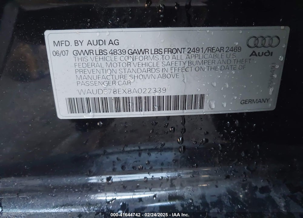 2008 AUDI A4 VIN: WAUDF78EX8A022339