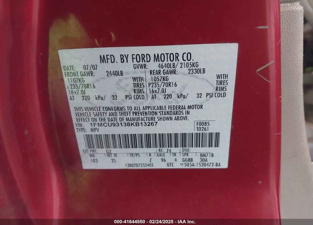 2008 FORD ESCAPE XLT VIN: 1FMCU93138KB13267