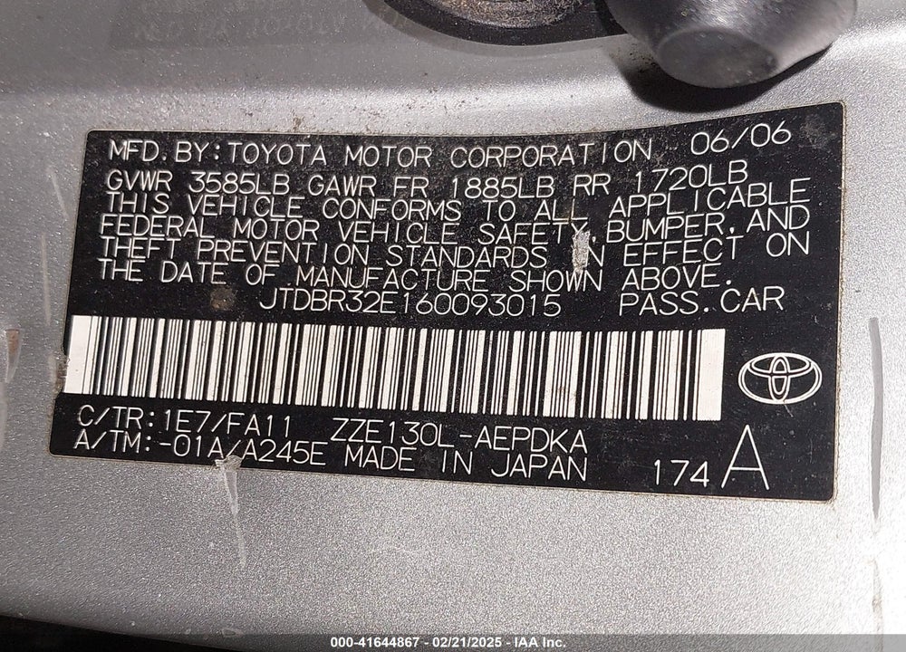 2006 TOYOTA COROLLA CE VIN: JTDBR32E160093015