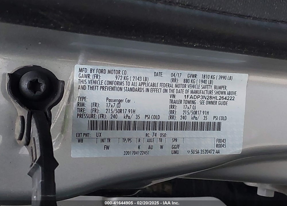 2017 FORD FOCUS VIN: 1FADP3N28HL264222