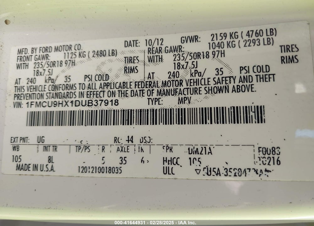 2013 FORD ESCAPE SEL VIN: 1FMCU9HX1DUB37918