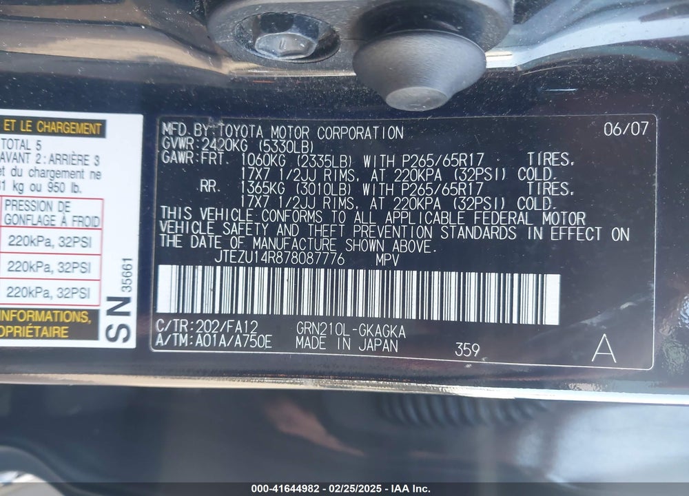 2007 TOYOTA 4RUNNER VIN: JTEZU14R878087776