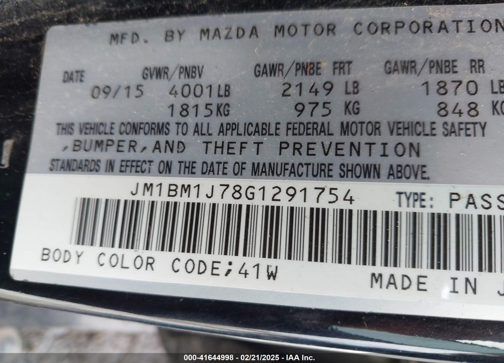 2016 MAZDA MAZDA3 VIN: JM1BM1J78G1291754