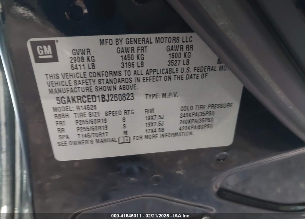 2011 BUICK ENCLAVE 2XL VIN: 5GAKRCED1BJ260823