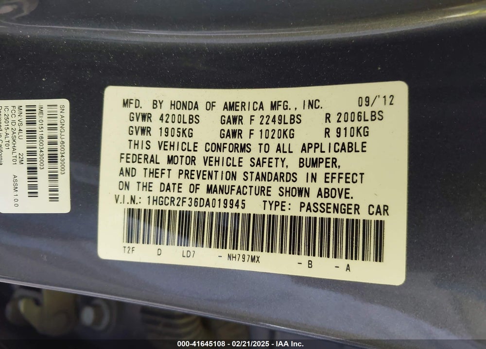 2013 HONDA ACCORD VIN: 1HGCR2F36DA019945