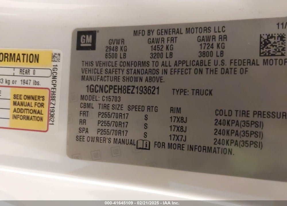 2014 CHEVROLET SILVERADO 1500 VIN: 1GCNCPEH8EZ193621