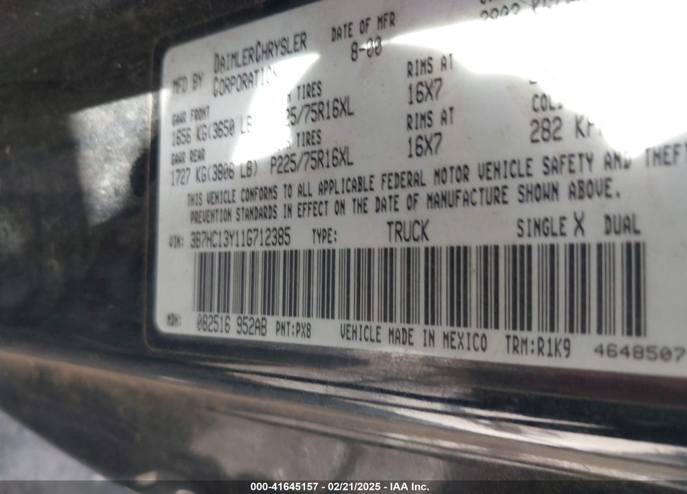 2001 DODGE RAM 1500 ST VIN: 3B7HC13Y11G712385
