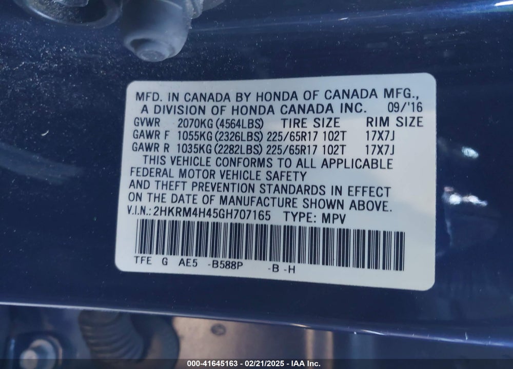 2016 HONDA CR-V SE VIN: 2HKRM4H45GH707165