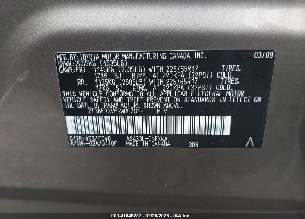 2009 TOYOTA RAV4 VIN: 2T3BF33V69W007849