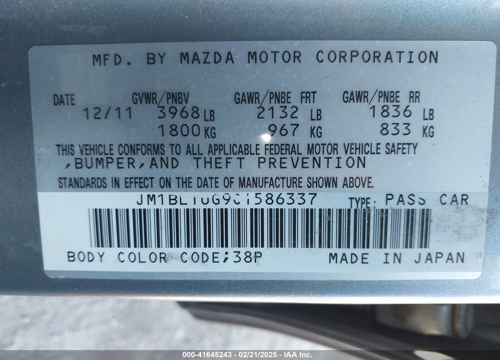 2012 MAZDA MAZDA3 VIN: JM1BL1UG9C1586337
