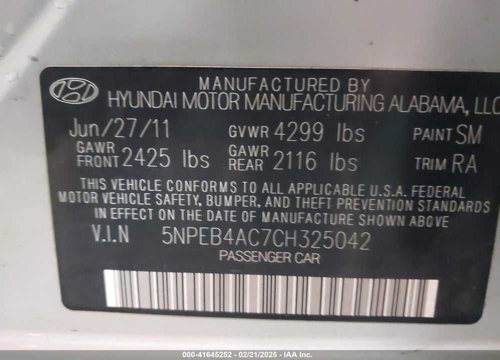2012 HYUNDAI SONATA VIN: 5NPEB4AC7CH325042