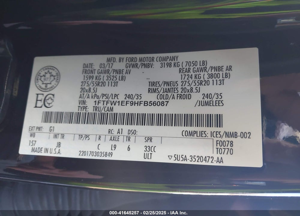 2017 FORD F-150 VIN: 1FTFW1EF9HFB56087