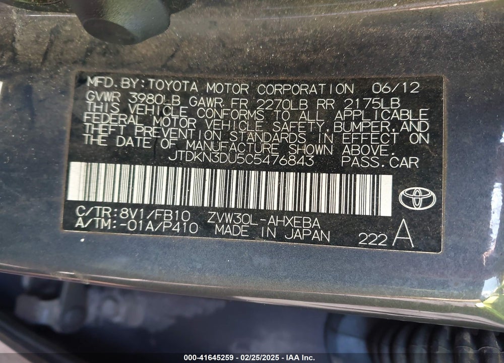 2012 TOYOTA PRIUS VIN: JTDKN3DU5C5476843