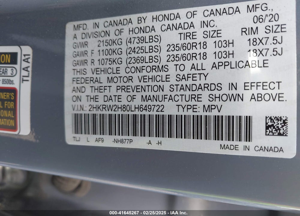 2020 HONDA CR-V VIN: 2HKRW2H80LH649722