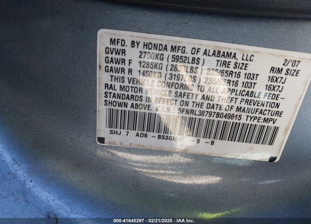 2007 HONDA ODYSSEY EX-L VIN: 5FNRL38797B049615