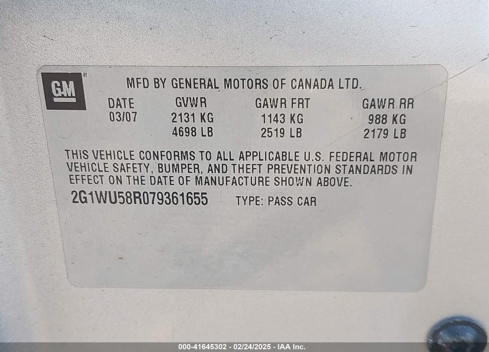 2007 CHEVROLET IMPALA LTZ VIN: 2G1WU58R079361655