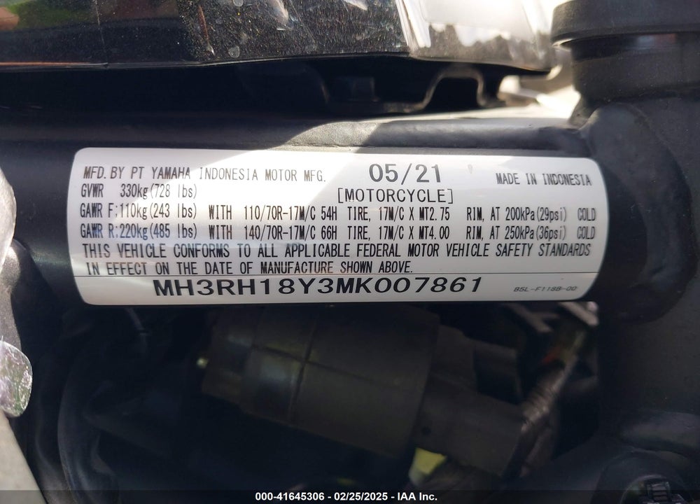 2021 YAMAHA YZFR3 A VIN: MH3RH18Y3MK007861