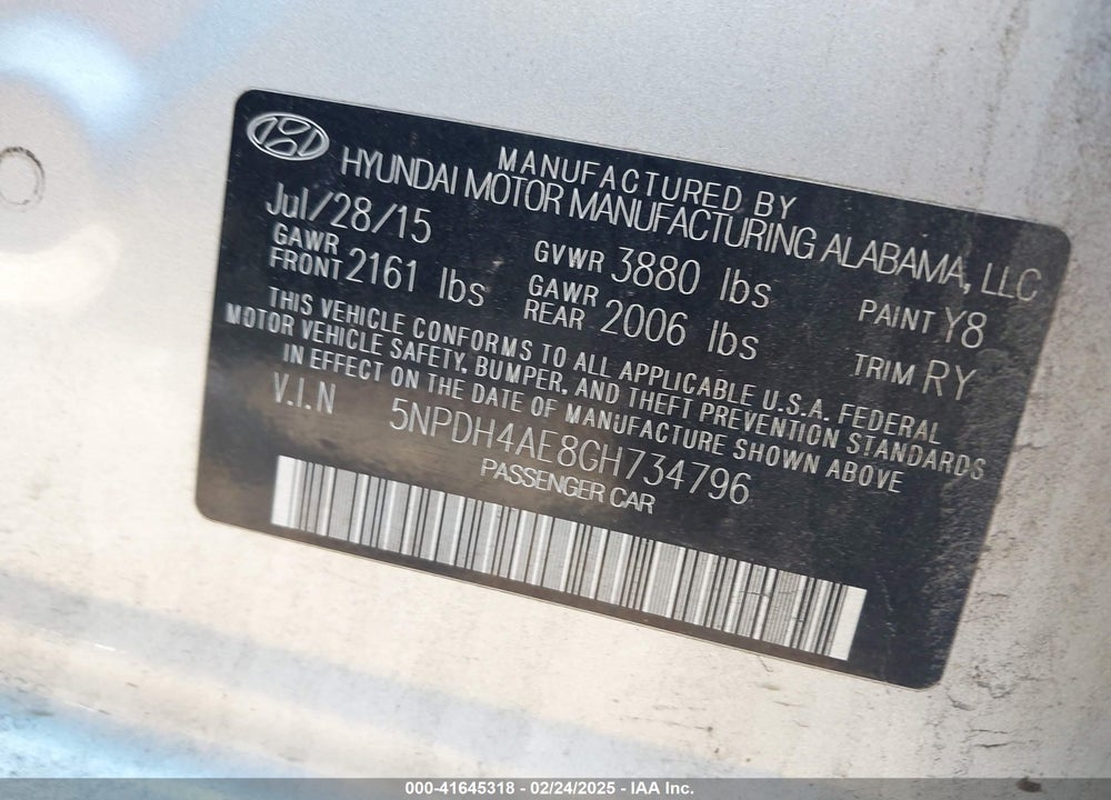 2016 HYUNDAI ELANTRA VIN: 5NPDH4AE8GH734796