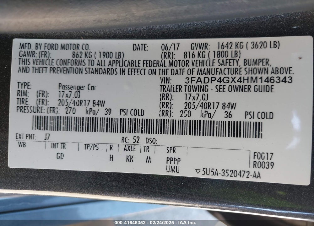 2017 FORD FIESTA VIN: 3FADP4GX4HM146343