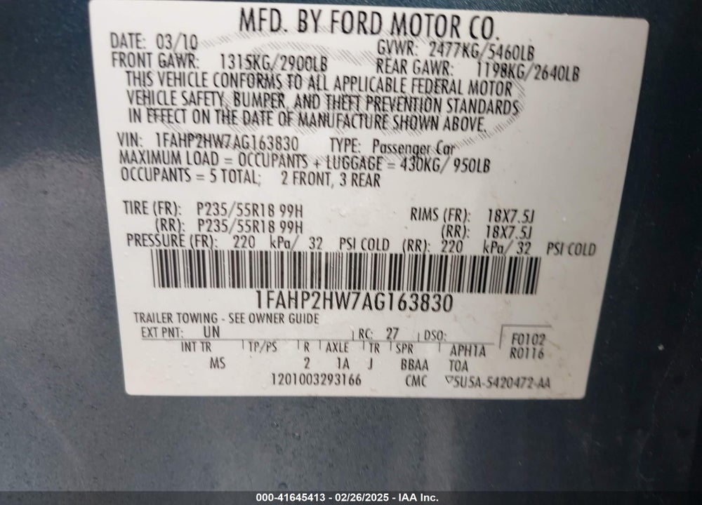 2010 FORD TAURUS SEL VIN: 1FAHP2HW7AG163830