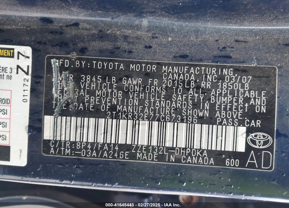 2007 TOYOTA MATRIX VIN: 2T1KR32E77C673196