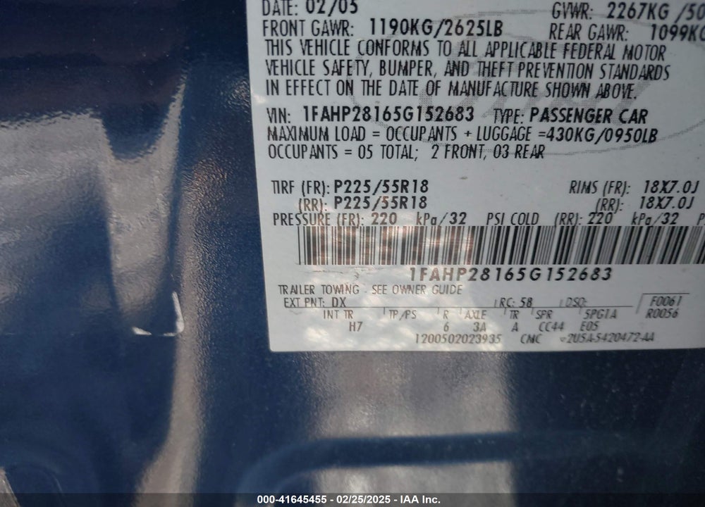 2005 FORD FIVE HUNDRED LIMITED VIN: 1FAHP28165G152683