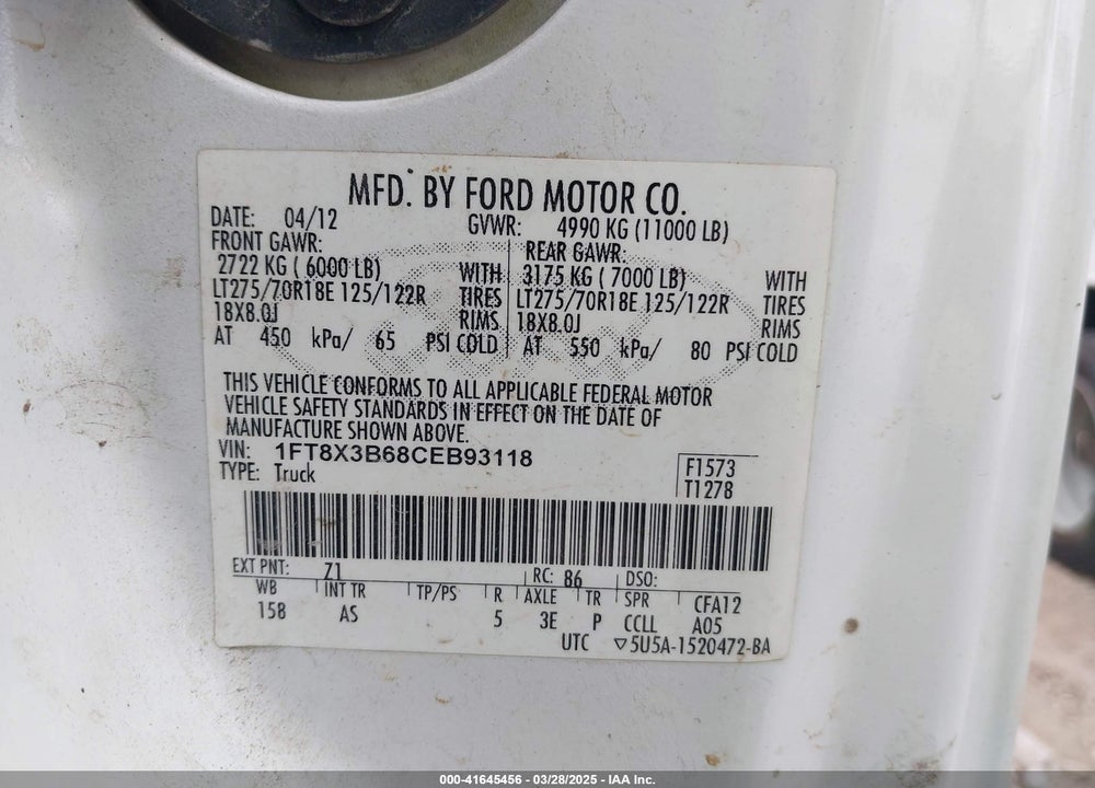2012 FORD F-350 XL VIN: 1FT8X3B68CEB93118