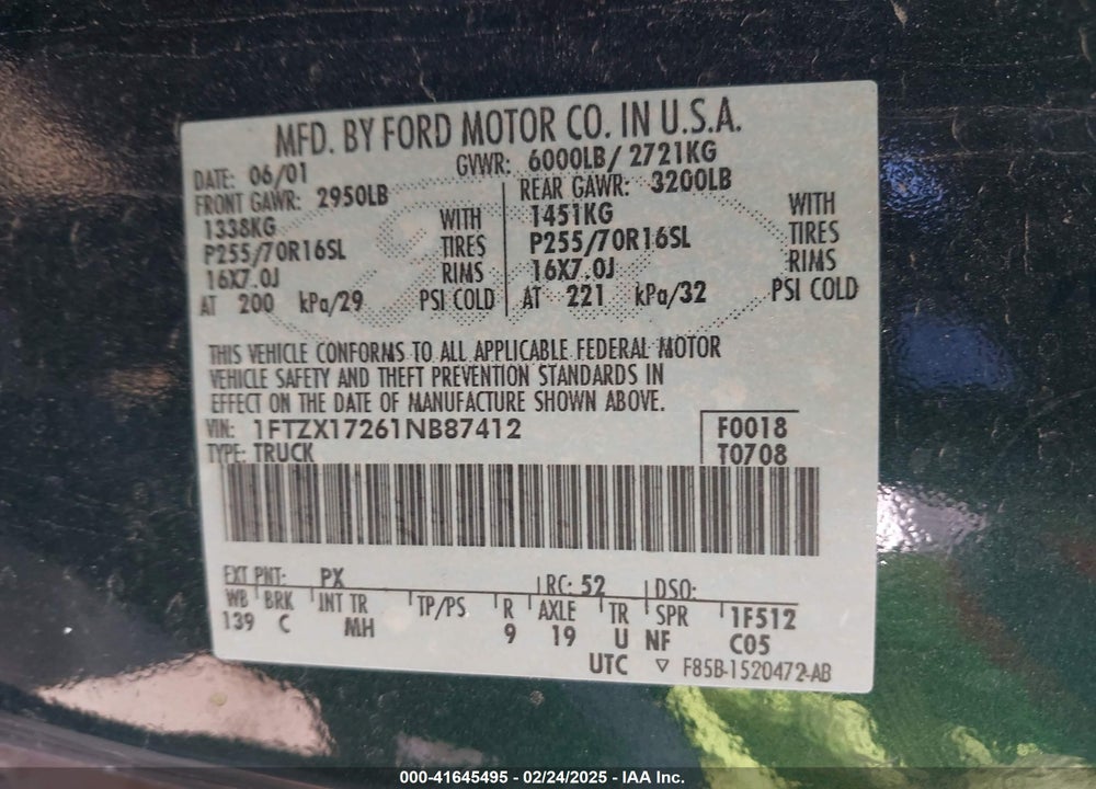 2001 FORD F-150 VIN: 1FTZX17261NB87412
