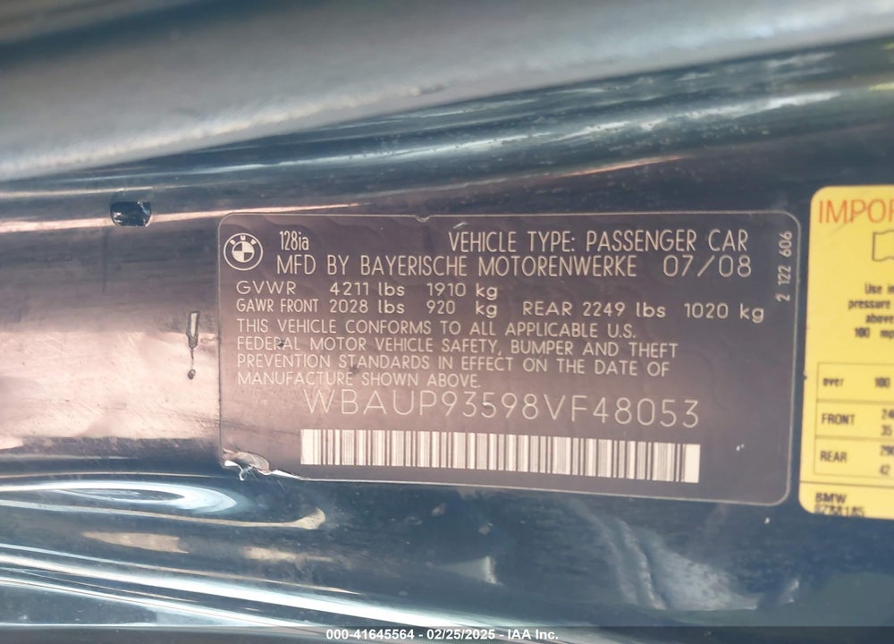 2008 BMW 128I VIN: WBAUP93598VF48053