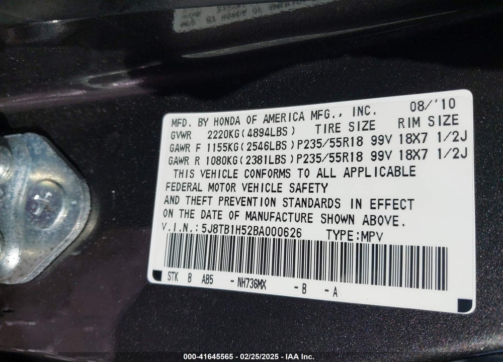 2011 ACURA RDX VIN: 5J8TB1H52BA000626