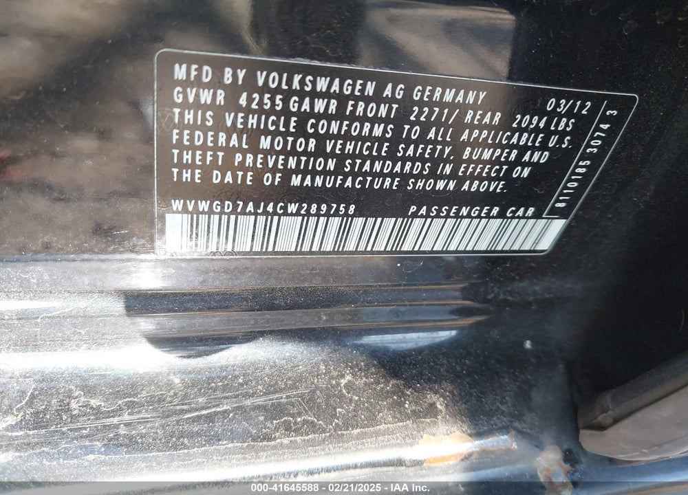 2012 VOLKSWAGEN GTI VIN: WVWGD7AJ4CW289758