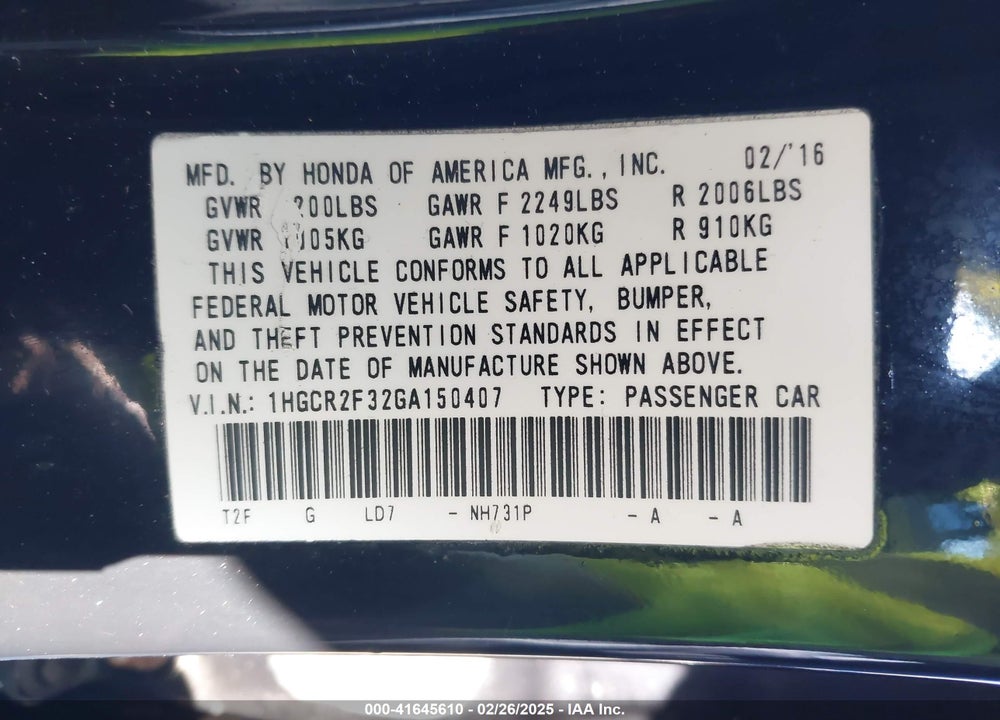 2016 HONDA ACCORD LX VIN: 1HGCR2F32GA150407
