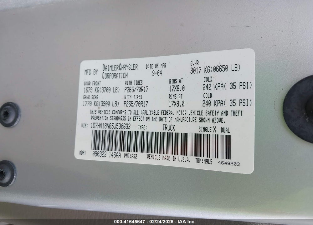2005 DODGE RAM 1500 VIN: 1D7HA18N65J530633