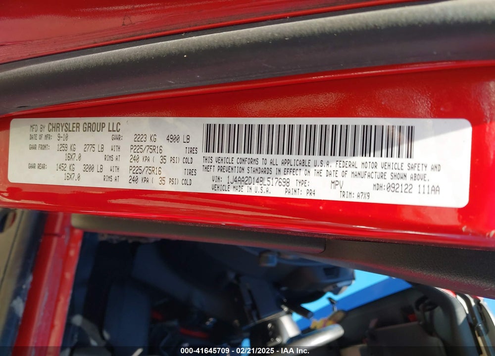2011 JEEP WRANGLER SPORT VIN: 1J4AA2D14BL517698