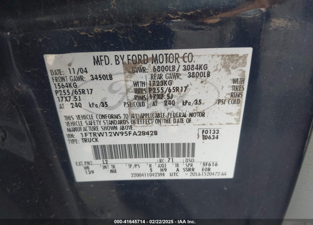 2005 FORD F-150 XLT VIN: 1FTRW12W95FA28428
