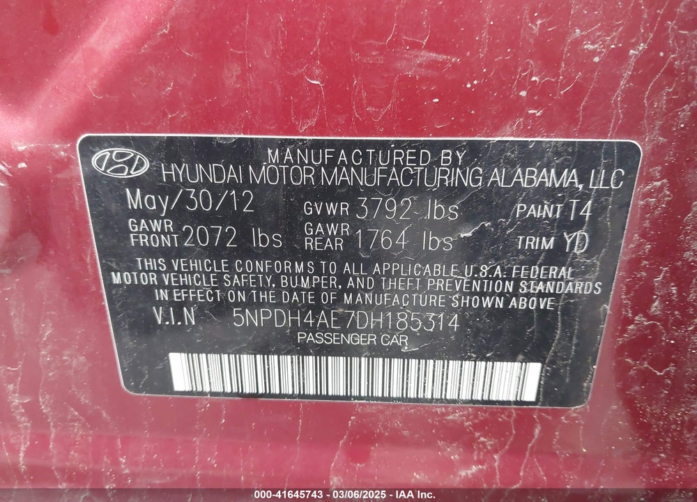 2013 HYUNDAI ELANTRA VIN: 5NPDH4AE7DH185314