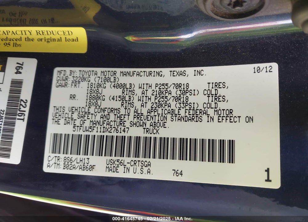 2013 TOYOTA TUNDRA VIN: 5TFUW5F11DX276147