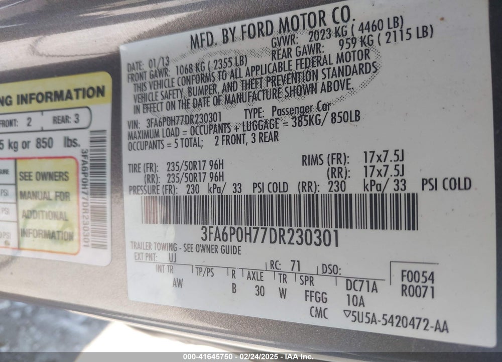 2013 FORD FUSION VIN: 3FA6P0H77DR230301