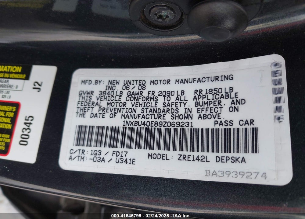2009 TOYOTA COROLLA VIN: 1NXBU40E89Z069231
