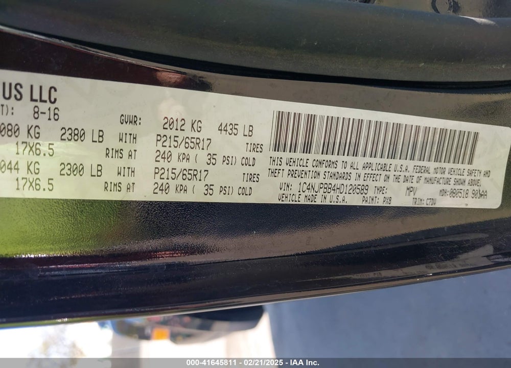 2017 JEEP PATRIOT SPORT FWD VIN: 1C4NJPBB4HD120589