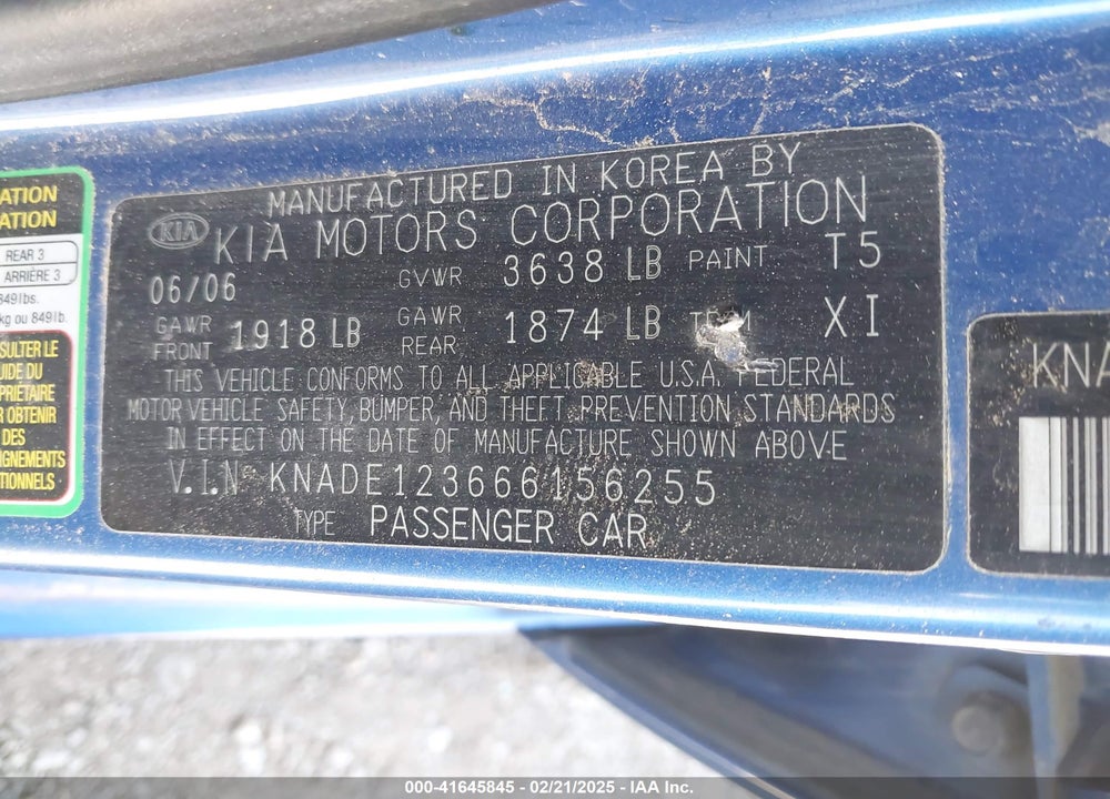 2006 KIA RIO LX VIN: KNADE123666156255