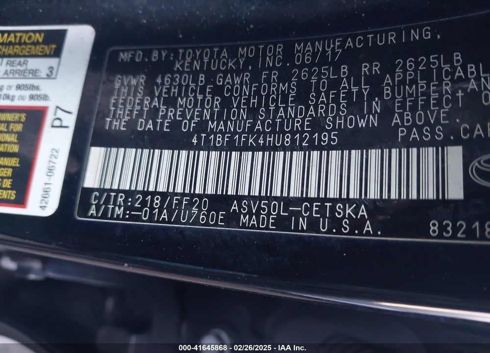 2017 TOYOTA CAMRY VIN: 4T1BF1FK4HU812195