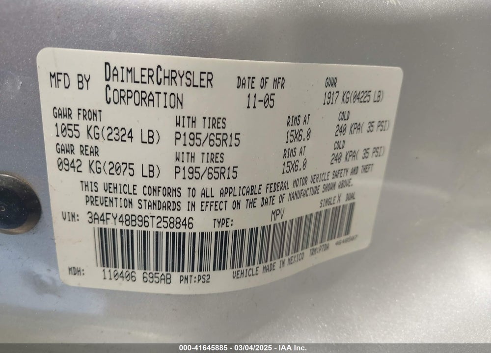 2006 CHRYSLER PT CRUISER VIN: 3A4FY48B96T258846