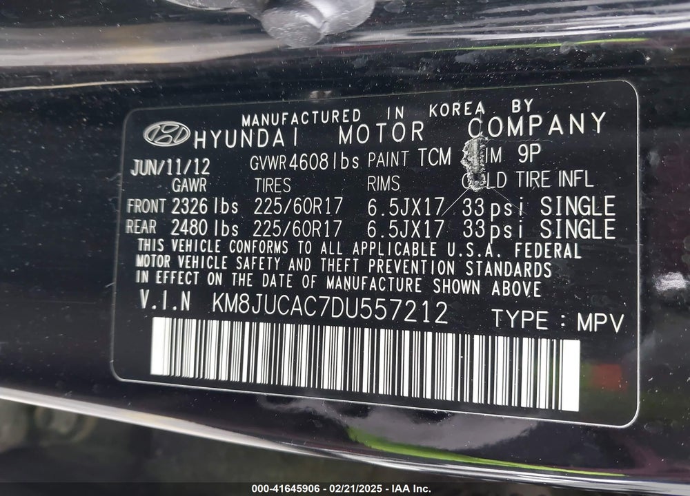 2013 HYUNDAI TUCSON GLS VIN: KM8JUCAC7DU557212