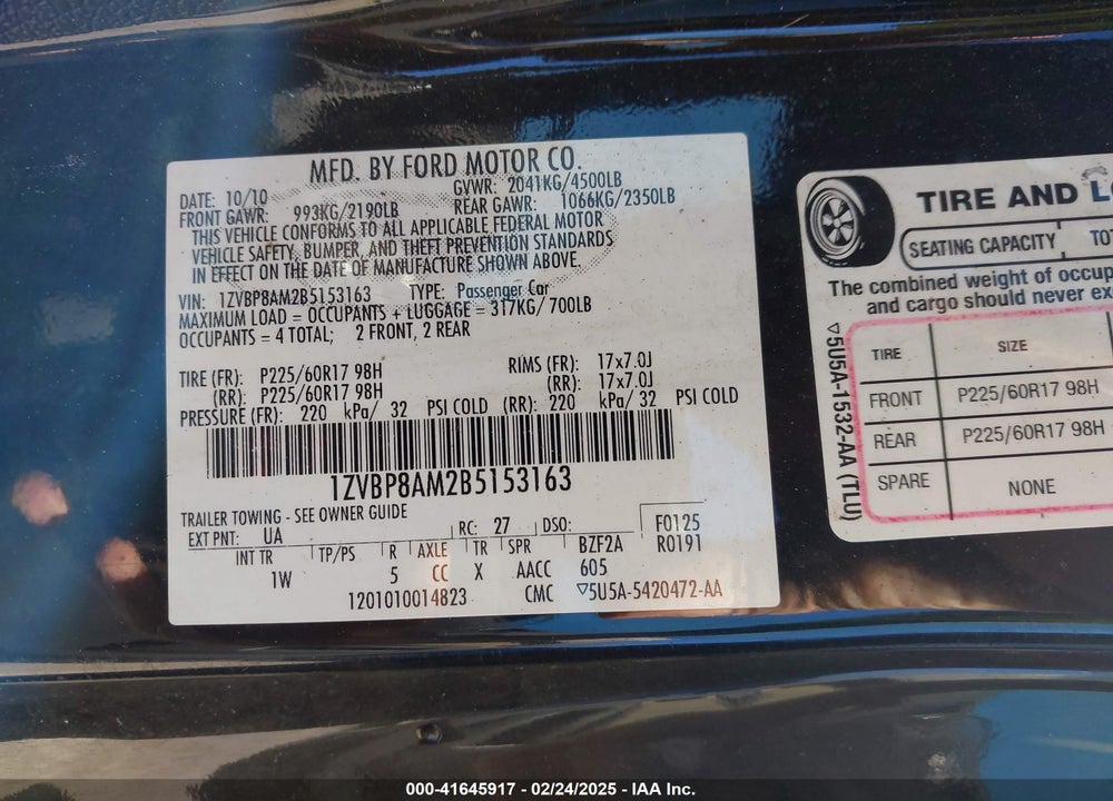 2011 FORD MUSTANG VIN: 1ZVBP8AM2B5153163