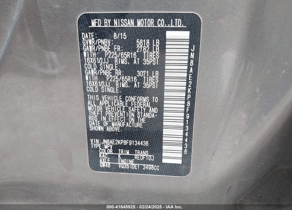 2015 NISSAN QUEST S VIN: JN8AE2KP8F9134436