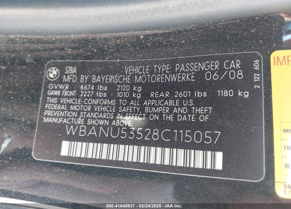 2008 BMW 528I VIN: WBANU53528C115057